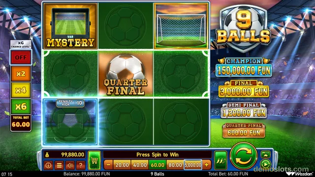 A 3x3 grid of soccer-themed slot symbols is displayed in a stadium setting with a tournament bracket on the right and a bet control bar at the bottom.