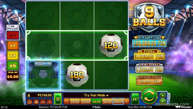 A soccer-themed slot game screen displays a 3x3 grid of football symbols with a '9 Balls' logo and tournament prize levels on the right.