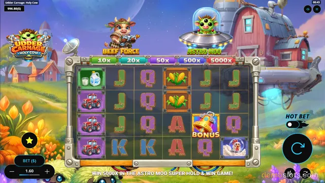 Slot game Uddar Carnage: Holy Cow shows a 5x4 reel grid with farm-themed symbols, a cattle warrior and an alien cow above the reels, and a win-5000x banner at the bottom.