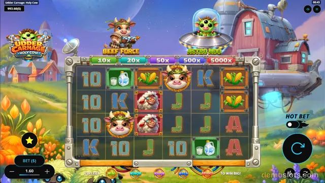 A 5-reel, 3-row slot game grid shows a mix of cartoon farm symbols and letters, with a sci-fi farm theme and a UFO in the background.