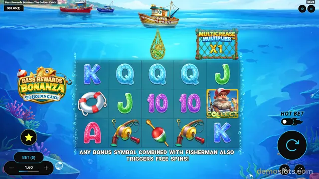 A 5x3 slot grid with fishing-themed symbols is displayed against an underwater backdrop, with a fishing boat and a multiplier meter above the reels.