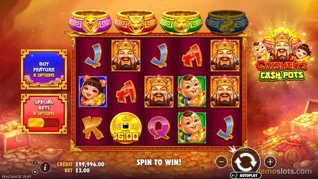 A 5x3 slot game titled Caishen's Cash Pots shows a fully rendered reel grid with Chinese prosperity symbols, four decorative pots on top, and a credit of $99,996.00 with a $2.00 bet.