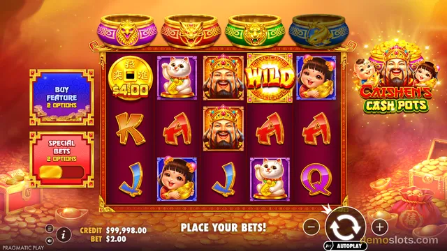 A 5x4 slot game titled Caishen's Cash Pots shows a settled reel grid with gold-framed symbols including a jackpot coin, a wild, a lucky cat, and a smiling man, with a credit of $99,998.00 and a bet of $2.00 displayed at the bottom.
