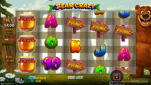 A colorful slot game grid displaying honey jars, letter symbols, and wooden picnic signs with a bear mascot on the right.