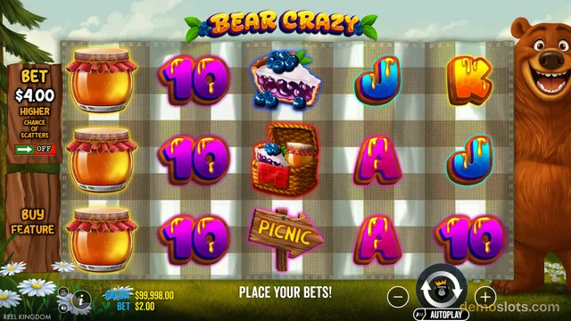 A 5x3 slot game grid displays honey jars, blueberry pies, and letter symbols against a picnic-themed background with a bear on the right.