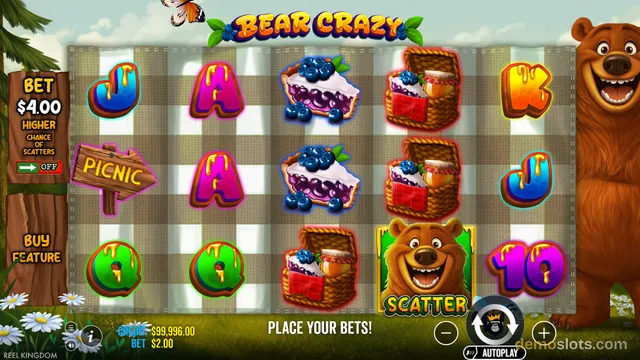 A 5x3 slot game grid displays a mix of letter symbols, blueberry pies, and picnic baskets against a checkered background, with a large cartoon bear on the right.