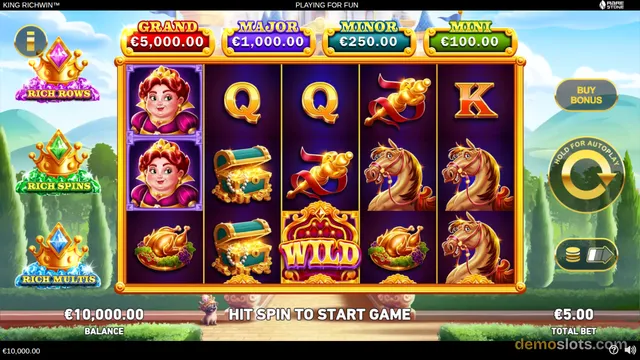 A 5x4 slot game grid showing symbols like a queen, a treasure chest, a golden horse, and a WILD symbol, with jackpot prizes displayed above and a 'HIT SPIN TO START GAME' message at the bottom.