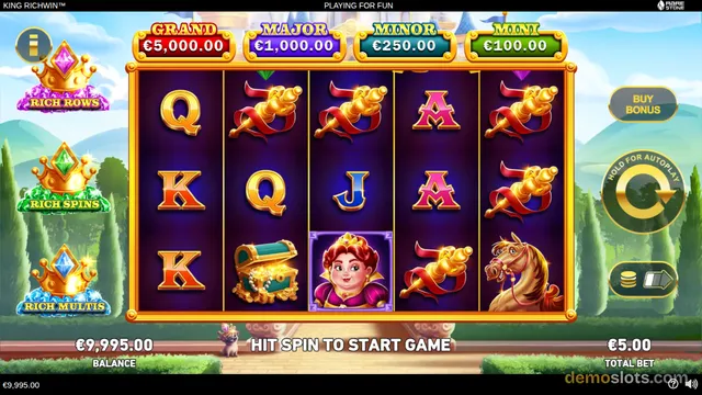 A 5x3 slot game grid showing royal-themed symbols with jackpot prize values displayed above the reels, and a HIT SPIN TO START GAME message at the bottom.