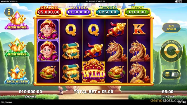 A 5-reel, 3-row slot game titled KING RICHWIN with a royal theme, showing a settled base game grid with various symbols including a queen, a treasure chest, a golden horse, a red ribbon, a turkey, a WILD symbol, and letter symbols Q and K.