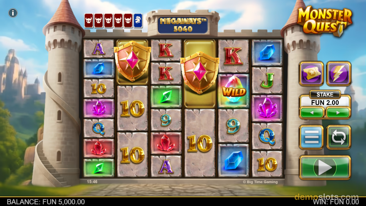 A slot game titled Monster Quest shows a 6-reel grid with gem and letter symbols set against a castle background.