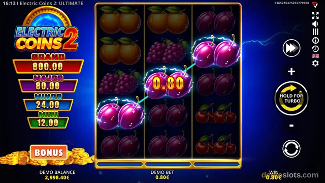 A 5x3 slot grid displays a win of 0.80 with highlighted purple cherries on a dark blue background featuring an 'Electric Coins 2' logo and jackpot meters on the left.