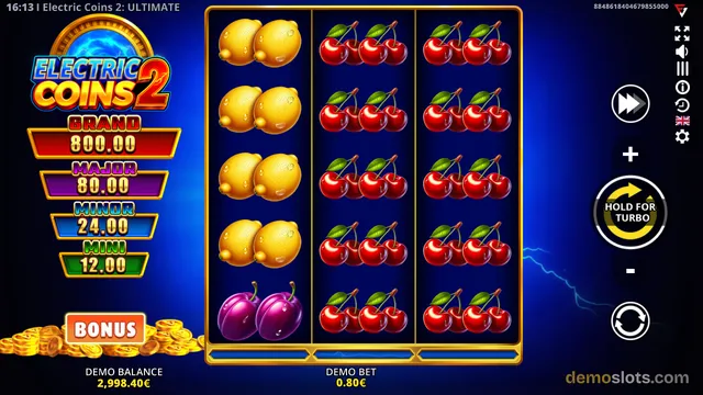 A 3x5 slot machine grid showing lemons and cherries with jackpot value displays on the left and control buttons on the right.