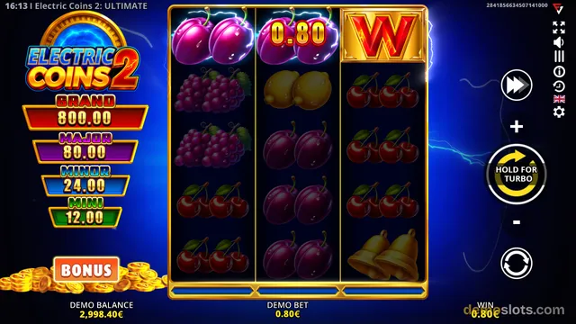 A screenshot of the Electric Coins 2: ULTIMATE slot game showing a 3x5 reel grid with fruit symbols and a win of 0.80 displayed.