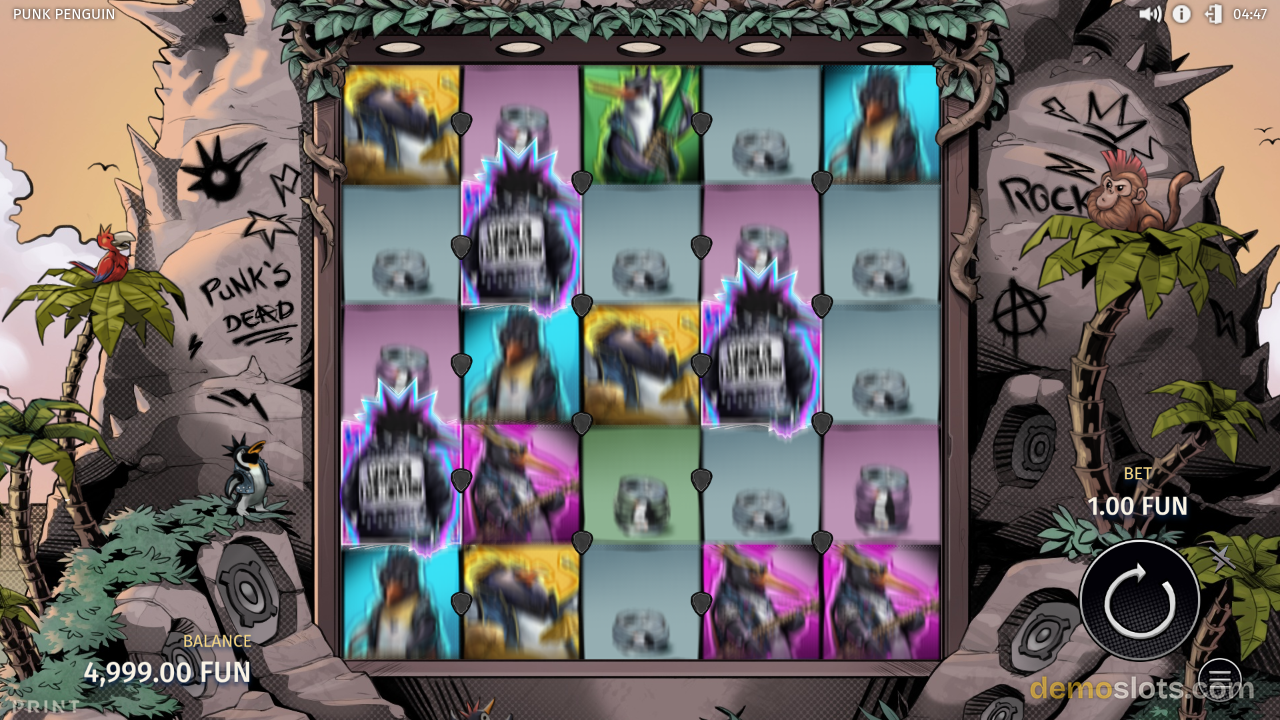 Punk Penguin slot with 5x5 reel grid showing animated punk-style character symbols with neon glow effects.