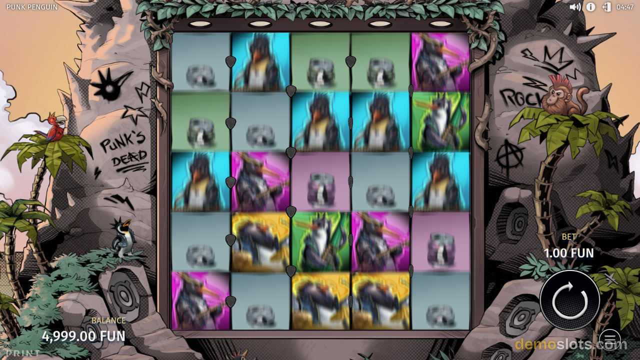 Punk Penguin slot showing 5x5 grid with various punk-themed symbols and strong neon color effects.