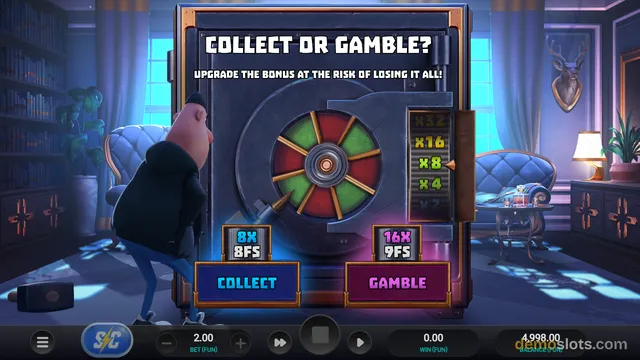 A slot game bonus screen showing a vault door with a spinning wheel, a cartoon character, and 'Collect or Gamble' options.