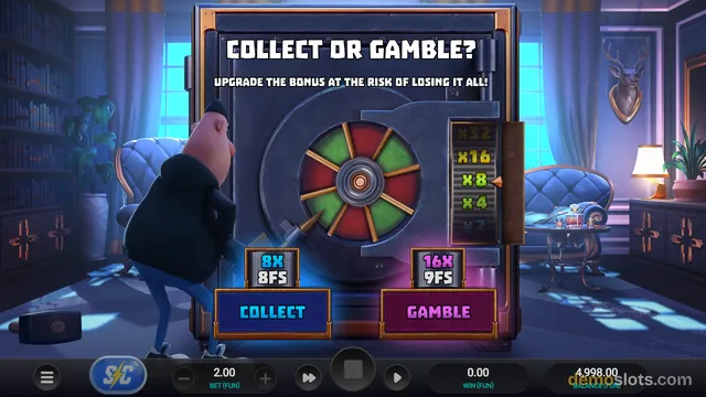 A 'Collect or Gamble?' bonus screen is displayed over a background of a library room, featuring a 3D animated character, a prize wheel, and two selection buttons.
