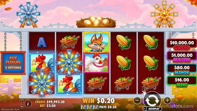 A 5x3 slot game screen featuring a farm theme with windmills, chickens, and corn against a pink sky background.