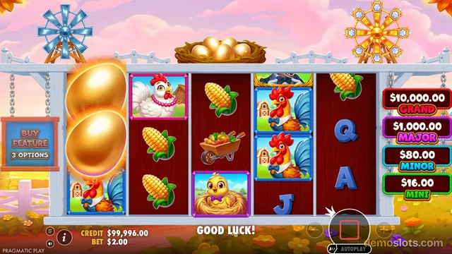 A 5-reel slot machine game featuring farm-themed symbols, including chickens, corn, and gold eggs, set against a bright sky background with a windmill and ferris wheel.