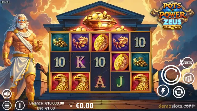 A slot game titled Pots of Power Zeus shows a 5x3 grid of symbols including grapes, lightning bolts, coins, eagles, and card letters, with a statue of Zeus on the left and a pot of gold above the reels.