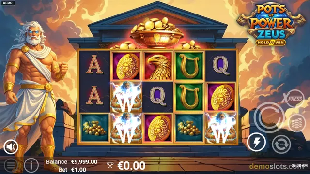 A slot game titled Pots of Power Zeus shows a 5x4 grid of symbols including a golden pot of coins, a medallion, an eagle, a lyre, and a Zeus wild symbol, with a large Zeus character on the left and a golden pot overflowing with coins above the reels.
