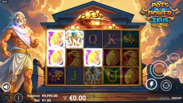 A slot game grid with Zeus standing on the left and a golden pot of coins above the reels.