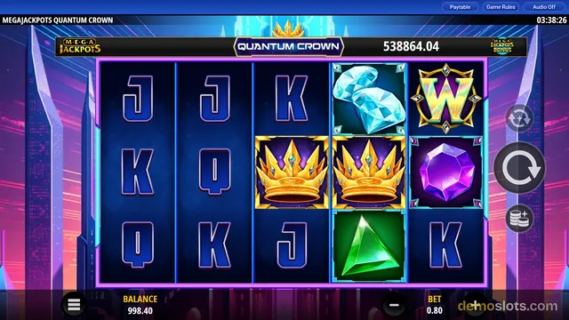A fully rendered slot game screen showing a 5x3 grid of symbols including letter icons, crowns, and gemstones against a futuristic city background.