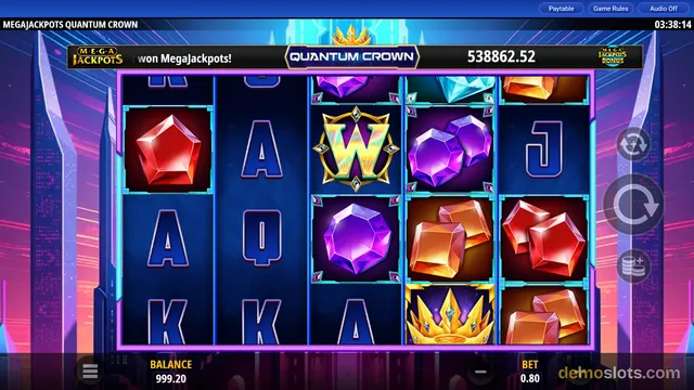 A brightly rendered slot game screen showing a 5-reel grid with a Mega Jackpots header and a balance of 999.20 at the bottom.