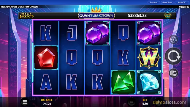 A screenshot of the MGA Jackpot slot game 'Quantum Crown' displaying a 5x3 grid of symbols with a futuristic purple and blue city background.