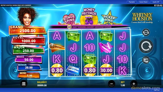 A Whitney Houston-themed slot game shows a 5x4 reel grid with neon-style symbols, jackpot values on the left, and a balance of 99999.00.