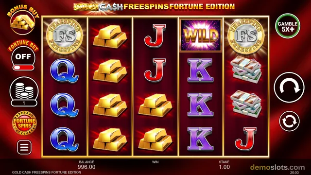 A settled 5x4 reel grid from the slot game Gold Cash Freespins Fortune Edition, showing gold bars, card letters, wilds, and freespins symbols.