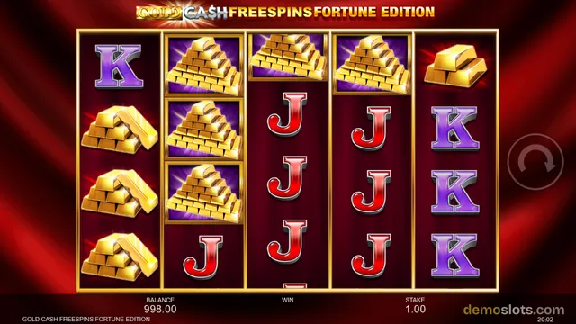 A 5-reel slot game titled GOLD CASH FREESPINS FORTUNE EDITION shows a settled reel grid with gold bar stacks and red J and purple K symbols.