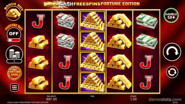 The slot game Gold Cash Free Spins Fortune Edition displays a 5x4 reel grid with gold bars, cash stacks, a red J symbol, and a gold pyramid stack, surrounded by betting controls and a dark red background.