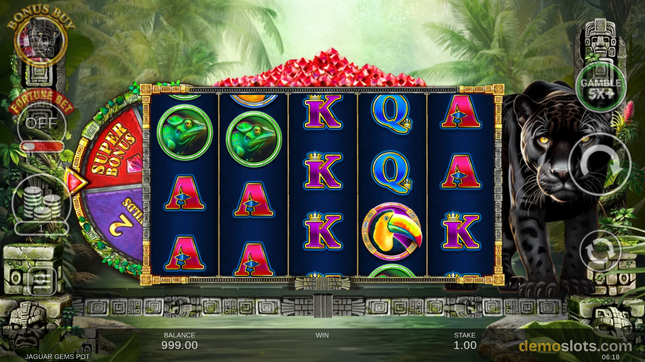 Five-reel Jaguar Gems Pot slot game in base game state with frog and parrot symbols visible on dark blue reels.