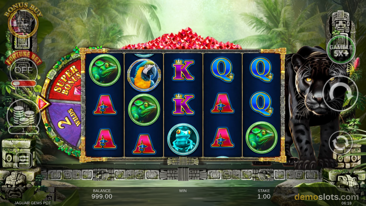 Five-reel Jaguar Gems Pot slot game showing multiple frog and parrot symbols with additional aqua symbols during base play.