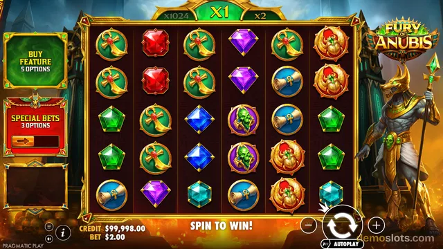A brightly rendered 6x5 Egyptian-themed slot grid displaying an Anubis logo, a buy feature panel, and a standing Anubis figure.