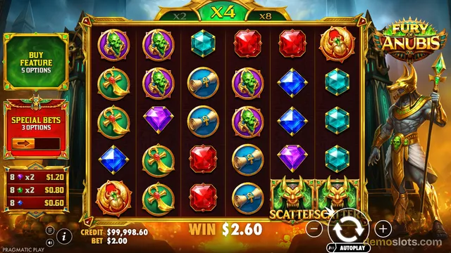 A 5x5 grid of symbols from an Egyptian-themed slot game is displayed with a win of $2.60 shown at the bottom.