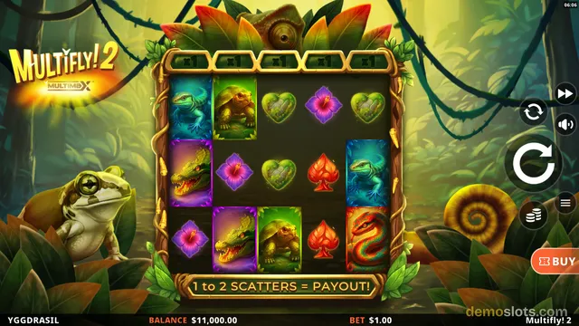 A screenshot of the slot game 'Multiply! 2' showing a 5x3 grid of symbols with a jungle theme, featuring a green lizard, tortoise, and snake.