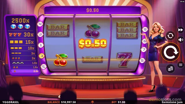 A 3x3 slot game with a purple neon stage theme, showing a winning line of BAR symbols, cherries, and a seven, with a blonde woman in a blue dress standing to the right of the reels.