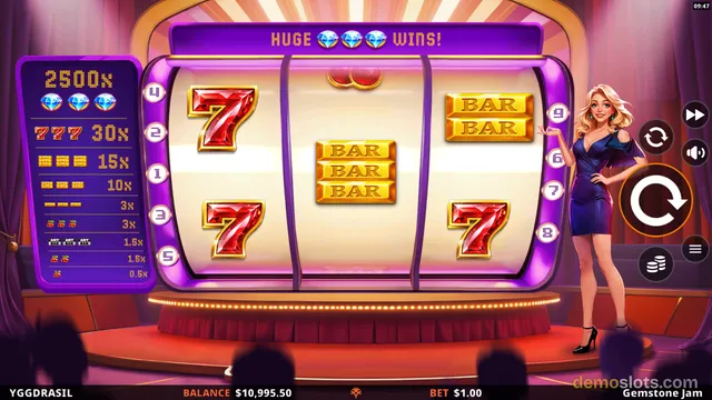 A 3x3 slot game in a purple and gold stage setting with a blonde hostess, showing red sevens and golden BAR symbols.