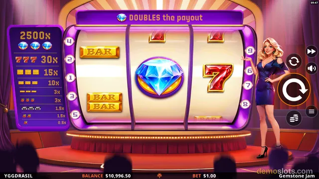 A 3x3 slot game with a purple and gold stage theme shows a diamond, BAR symbols, and a red seven on the reels, with a blonde hostess standing to the right.