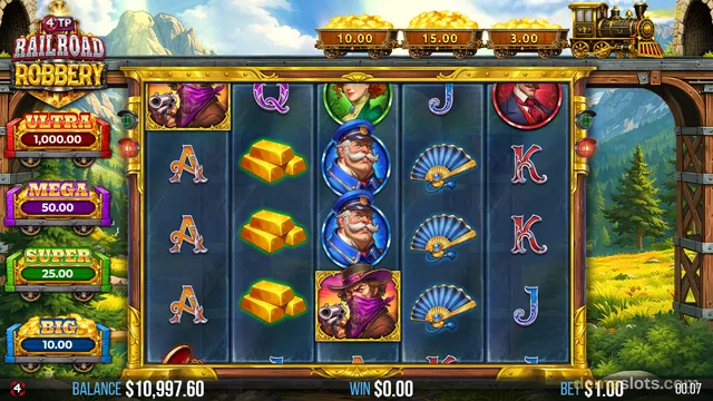A fully rendered 5x3 slot game grid showing a Western railroad theme with a train of gold carriages above the reels and a mountain landscape background.