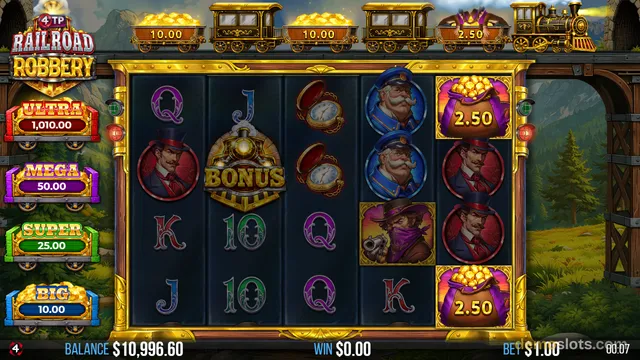 A 5-reel slot game titled 'Railroad Robbery' showing a settled grid with various symbols and a side panel listing jackpot tiers.