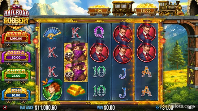 A 5x3 slot machine grid displaying a railroad robbery theme with a train running along the top rail and a mountain landscape in the background.