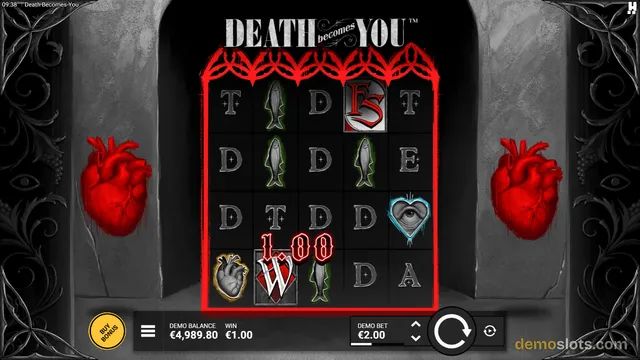 A fully rendered slot game screen showing a 5x4 grid of symbols on a dark background with red anatomical hearts on either side.
