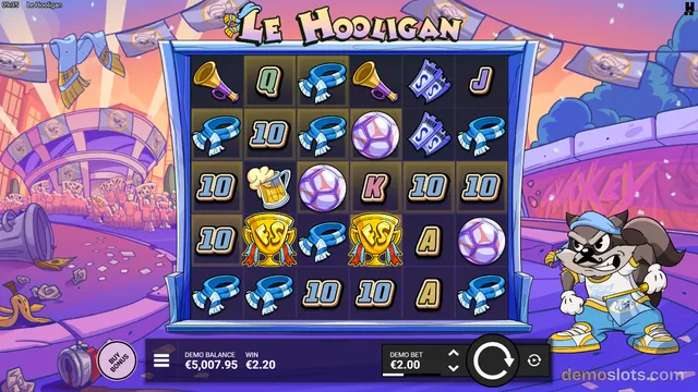 A fully rendered slot game screen titled 'Le Hooligan' displaying a 6x5 grid of sports-themed symbols against a stadium background.