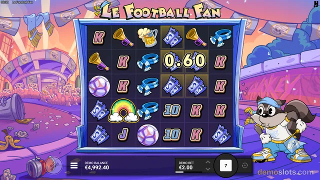 A football-themed slot game titled 'Le Football Fan' showing a 5x5 grid of symbols including a raccoon mascot, soccer ball, and beer mug.