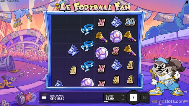 A cartoon football-themed slot machine grid with five reels and four rows displaying symbols including scarves, tickets, whistles, and balls against a stadium background.