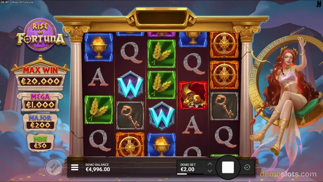 A settled slot game grid showing symbols like a golden chalice, wheat sheaf, and a cyan W wild, with a goddess character on the right side and jackpot values on the left.