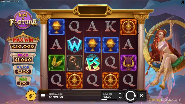 A settled 5x4 reel grid from the slot game Rise of Fortuna, showing various symbols with a jackpot ladder on the left and a female character on the right.